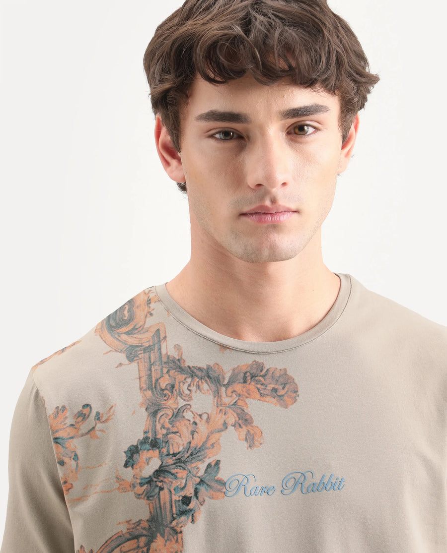 Rare Rabbit Men's Tican Beige Cotton Blend Crew Neck Regular Graphic Print T-Shirt