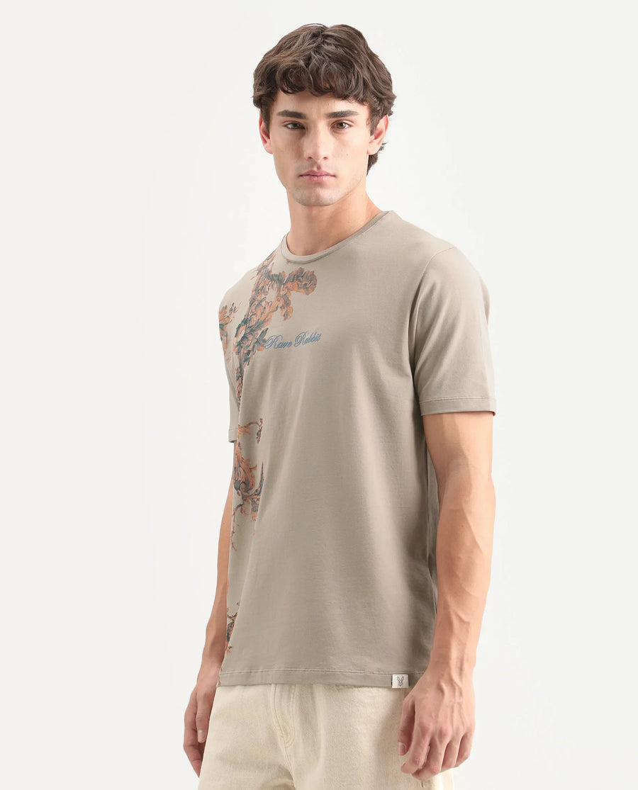 Rare Rabbit Men's Tican Beige Cotton Blend Crew Neck Regular Graphic Print T-Shirt