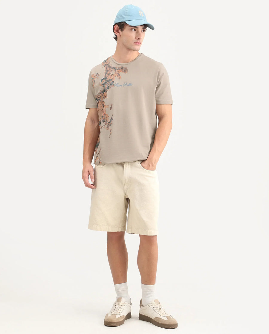 Rare Rabbit Men's Tican Beige Cotton Blend Crew Neck Regular Graphic Print T-Shirt