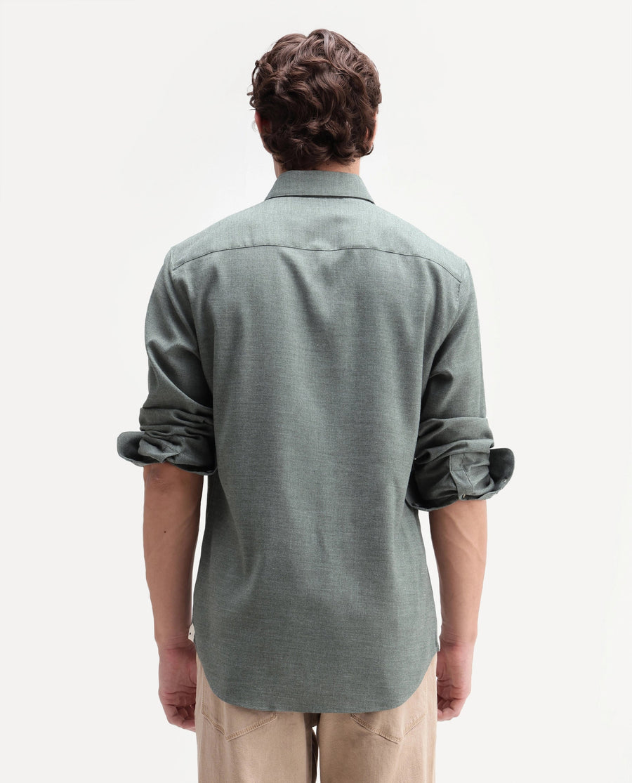 Rare Rabbit Men's Jonar Dusky Green Polyester Blend Spread Collar Regular Plain Shirt