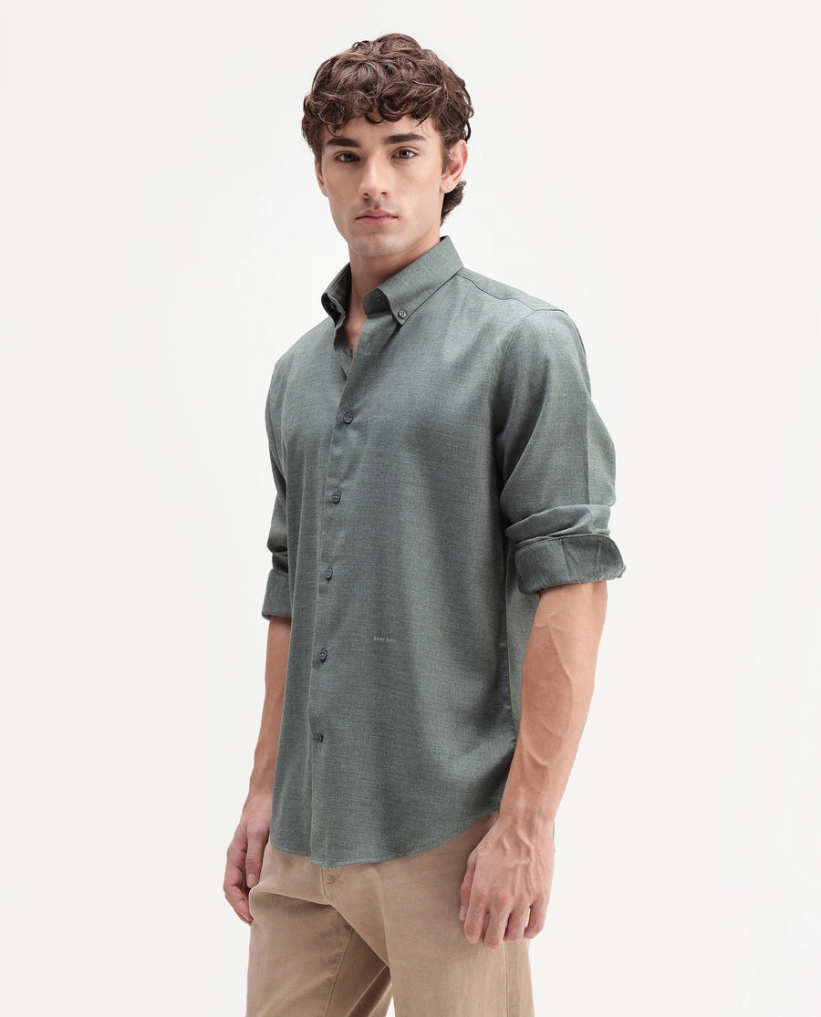 Rare Rabbit Men's Jonar Dusky Green Polyester Blend Spread Collar Regular Plain Shirt