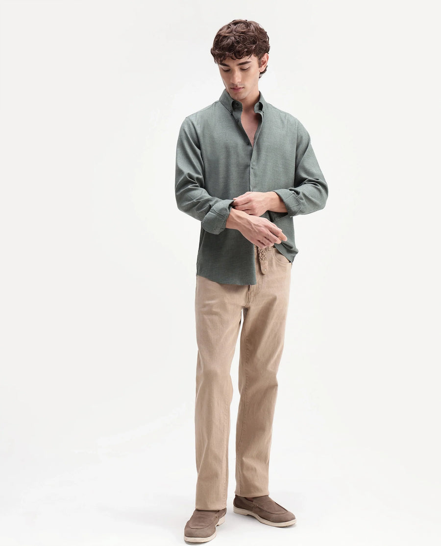 Rare Rabbit Men's Jonar Dusky Green Polyester Blend Spread Collar Regular Plain Shirt