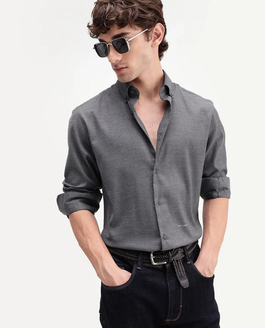 Rare Rabbit Men's Jonar Dark Grey Polyester Blend Spread Collar Regular Plain Shirt