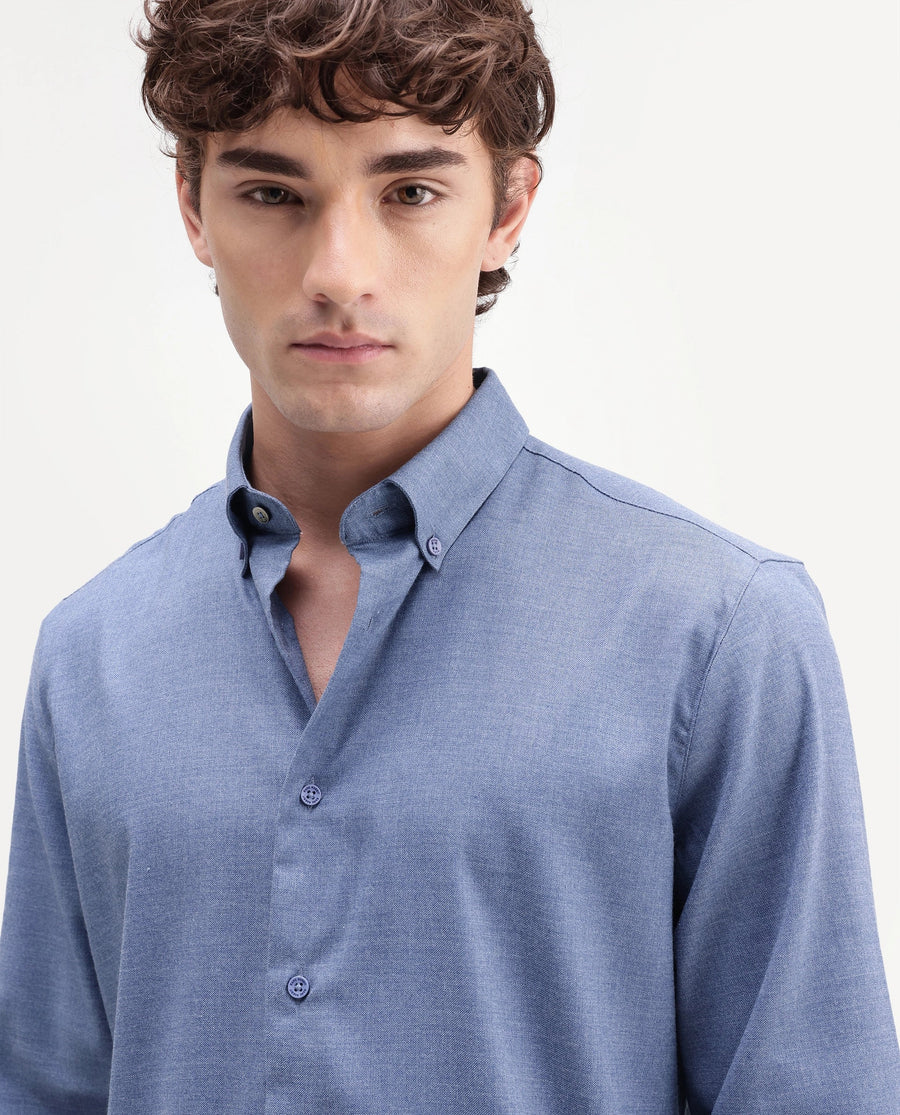 Rare Rabbit Men's Jonar Dusky Blue Polyester Blend Spread Collar Regular Plain Shirt