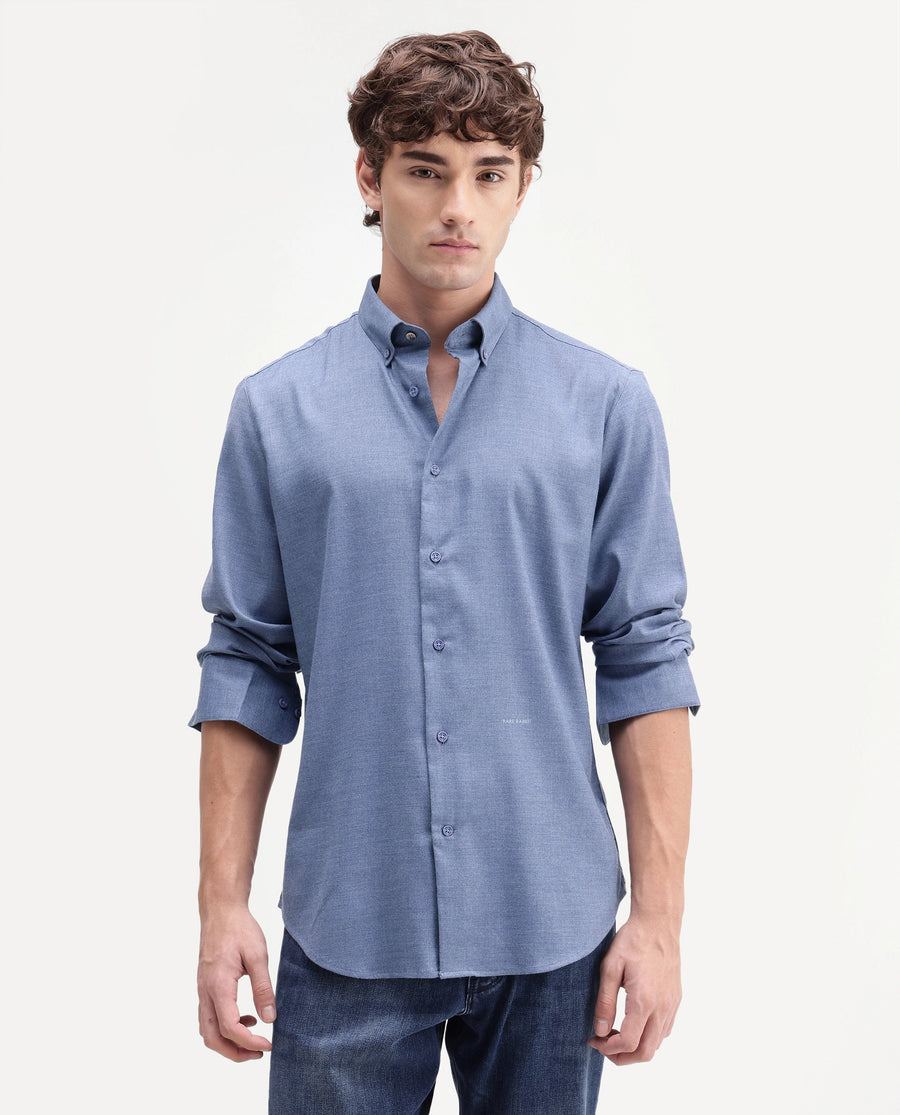 Rare Rabbit Men's Jonar Dusky Blue Polyester Blend Spread Collar Regular Plain Shirt