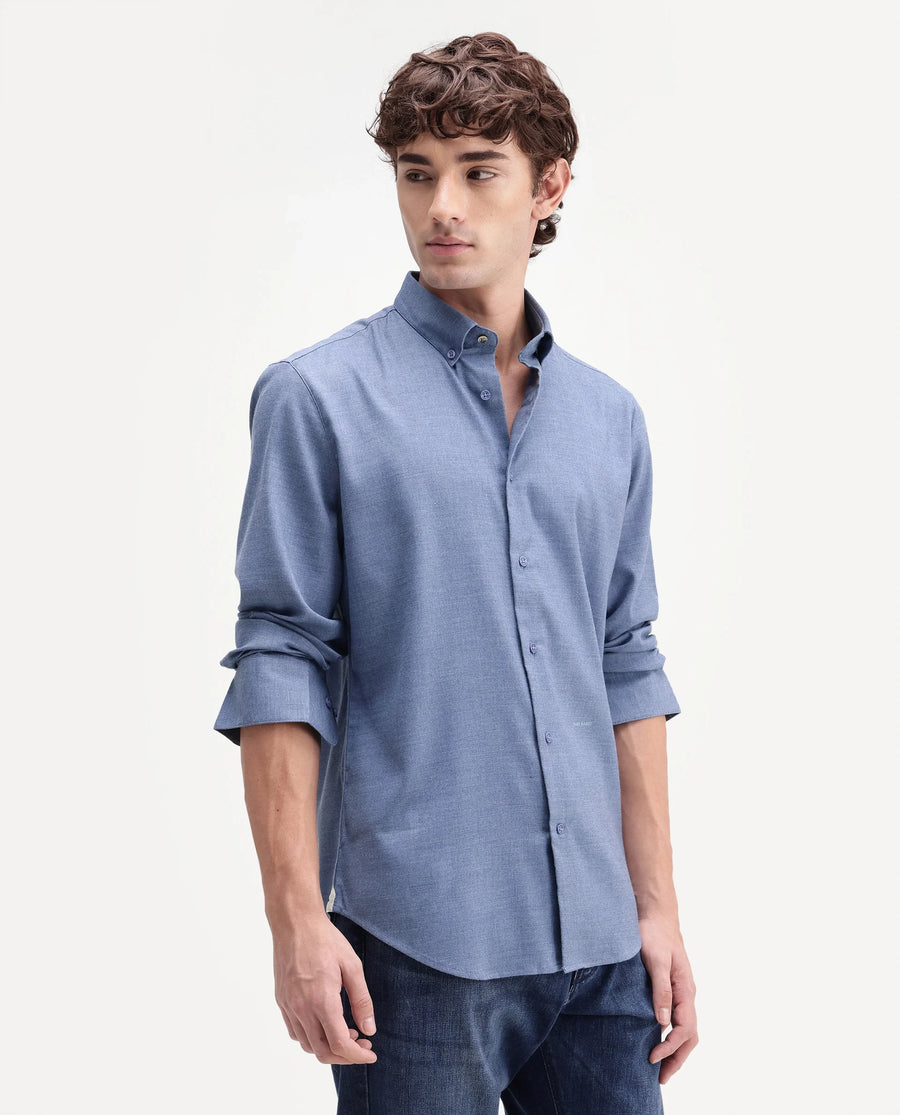 Rare Rabbit Men's Jonar Dusky Blue Polyester Blend Spread Collar Regular Plain Shirt