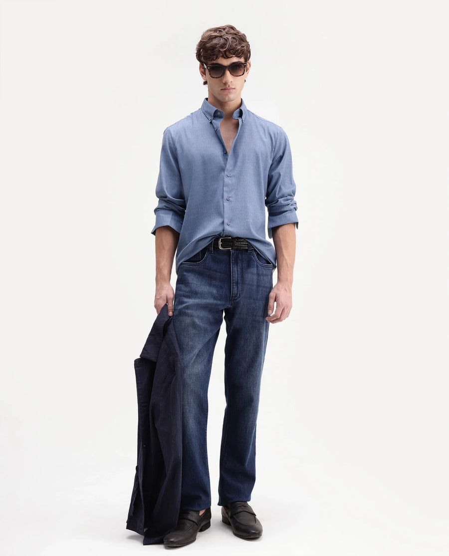 Rare Rabbit Men's Jonar Dusky Blue Polyester Blend Spread Collar Regular Plain Shirt