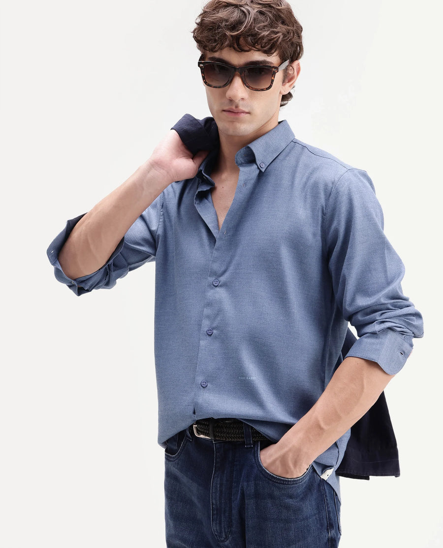 Rare Rabbit Men's Jonar Dusky Blue Polyester Blend Spread Collar Regular Plain Shirt