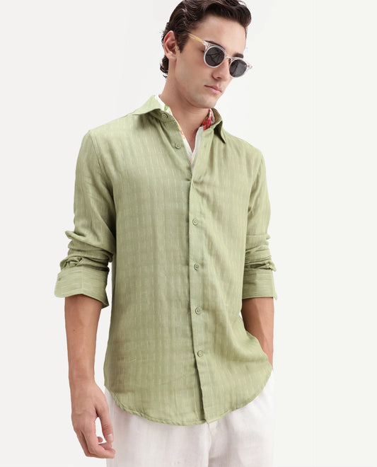 Rare Rabbit Men's Beno Dusky Green Cotton Regular Long Sleeve Striped Shirt