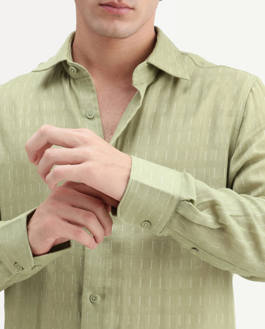 Rare Rabbit Men's Beno Dusky Green Cotton Regular Long Sleeve Striped Shirt