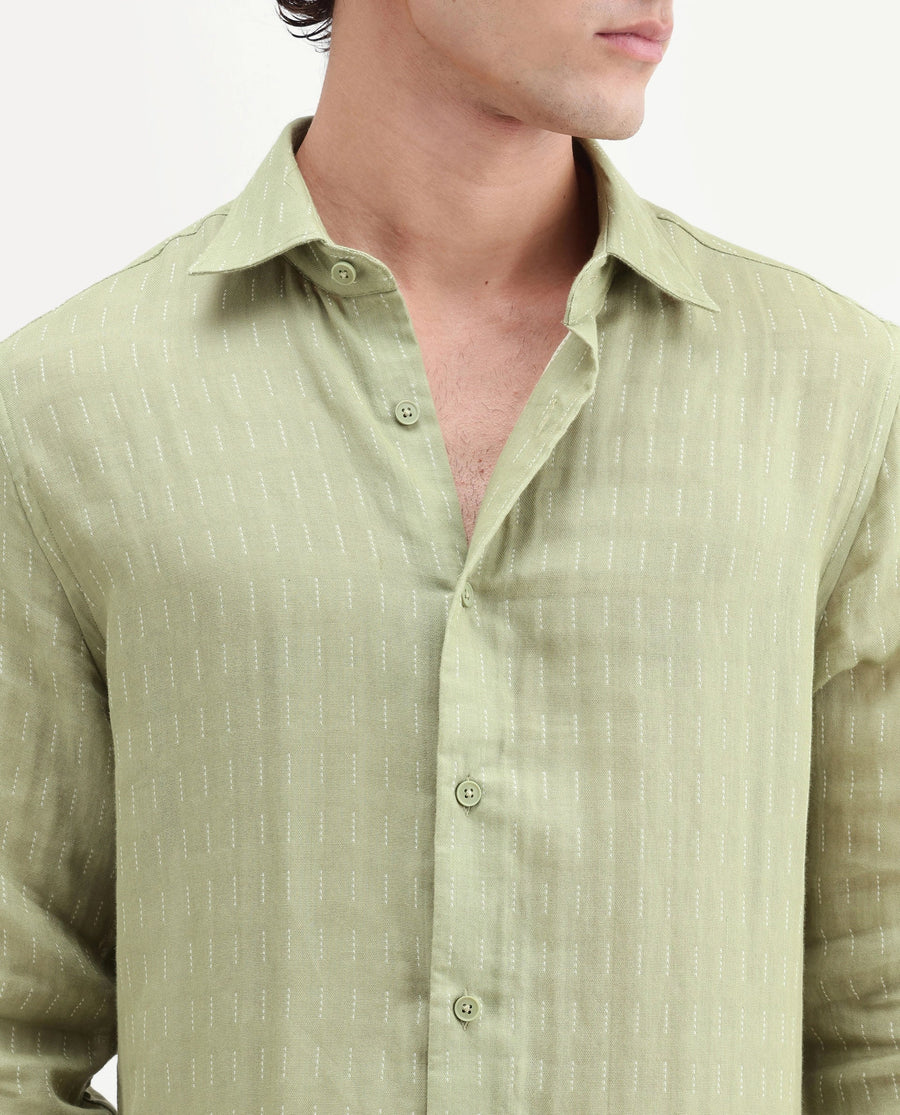 Rare Rabbit Men's Beno Dusky Green Cotton Regular Long Sleeve Striped Shirt