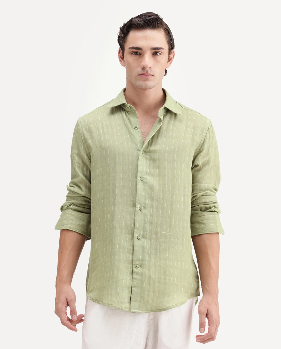 Rare Rabbit Men's Beno Dusky Green Cotton Regular Long Sleeve Striped Shirt