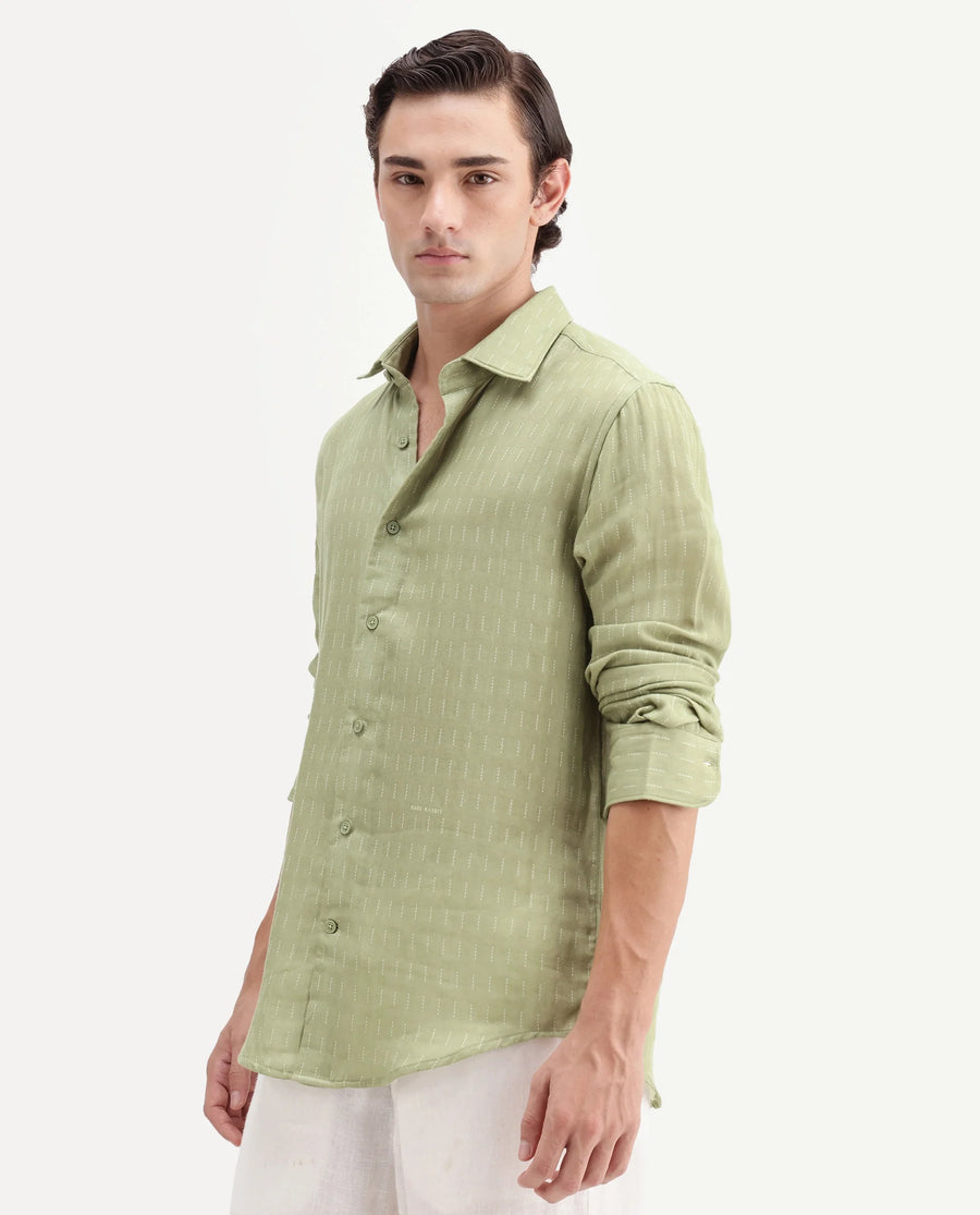 Rare Rabbit Men's Beno Dusky Green Cotton Regular Long Sleeve Striped Shirt