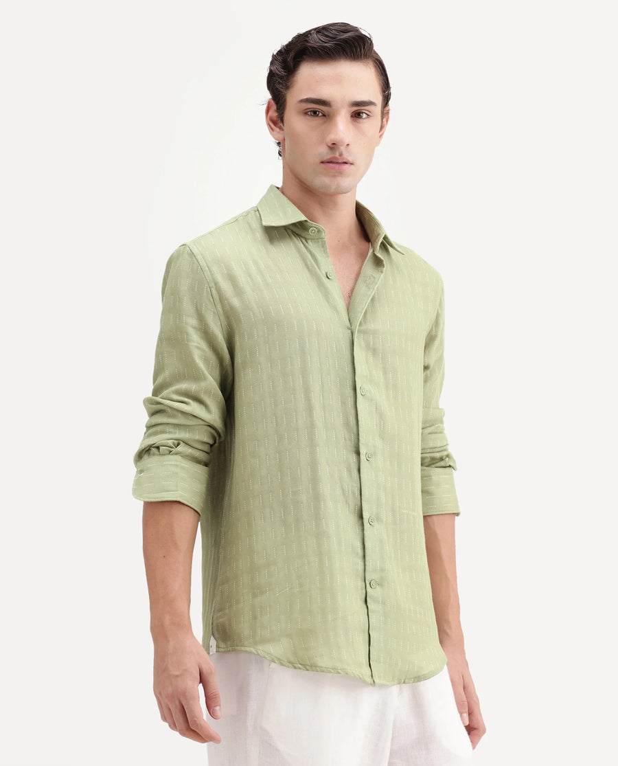 Rare Rabbit Men's Beno Dusky Green Cotton Regular Long Sleeve Striped Shirt