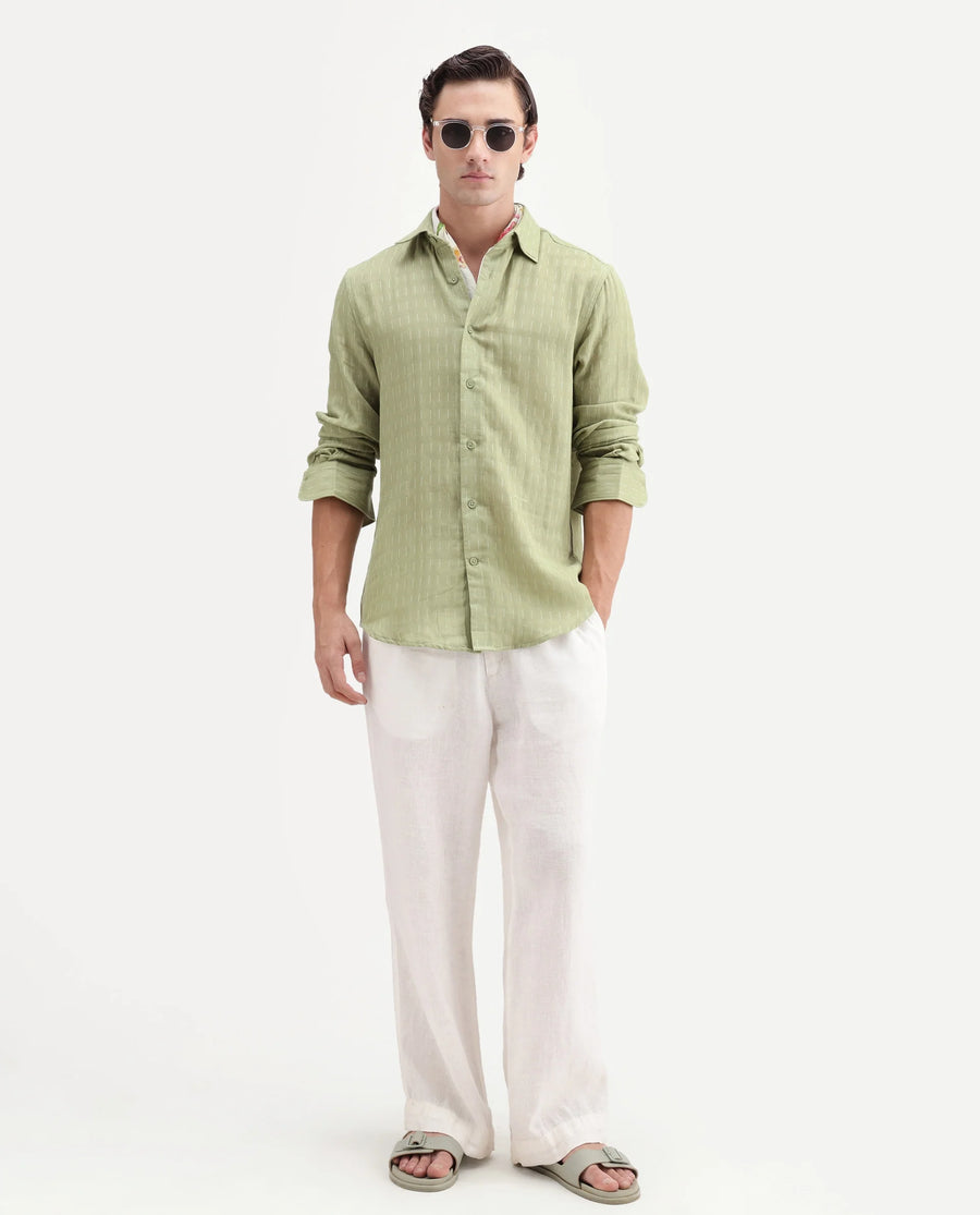 Rare Rabbit Men's Beno Dusky Green Cotton Regular Long Sleeve Striped Shirt