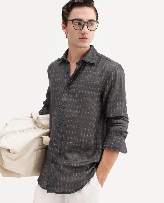 Rare Rabbit Men's Beno Dark Grey Cotton Regular Long Sleeve Striped Shirt