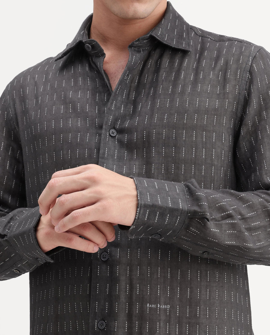 Rare Rabbit Men's Beno Dark Grey Cotton Regular Long Sleeve Striped Shirt