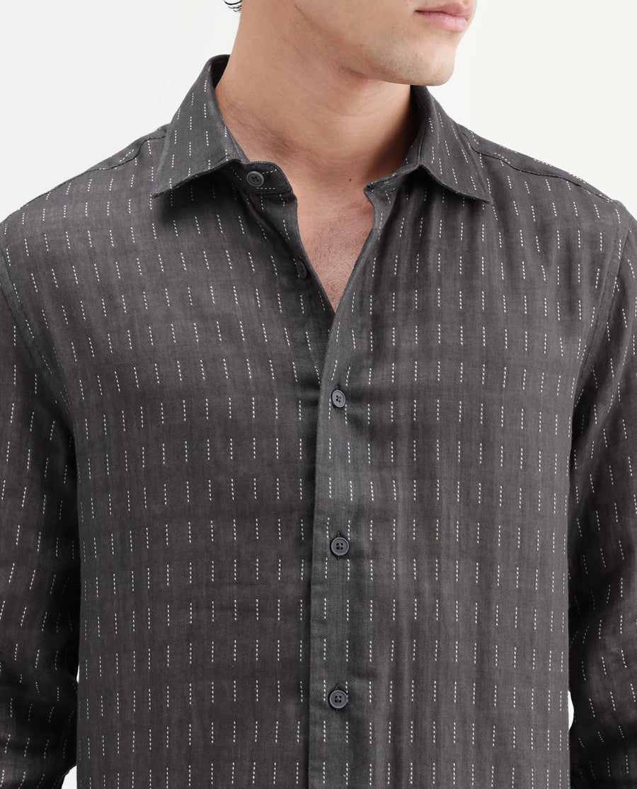 Rare Rabbit Men's Beno Dark Grey Cotton Regular Long Sleeve Striped Shirt