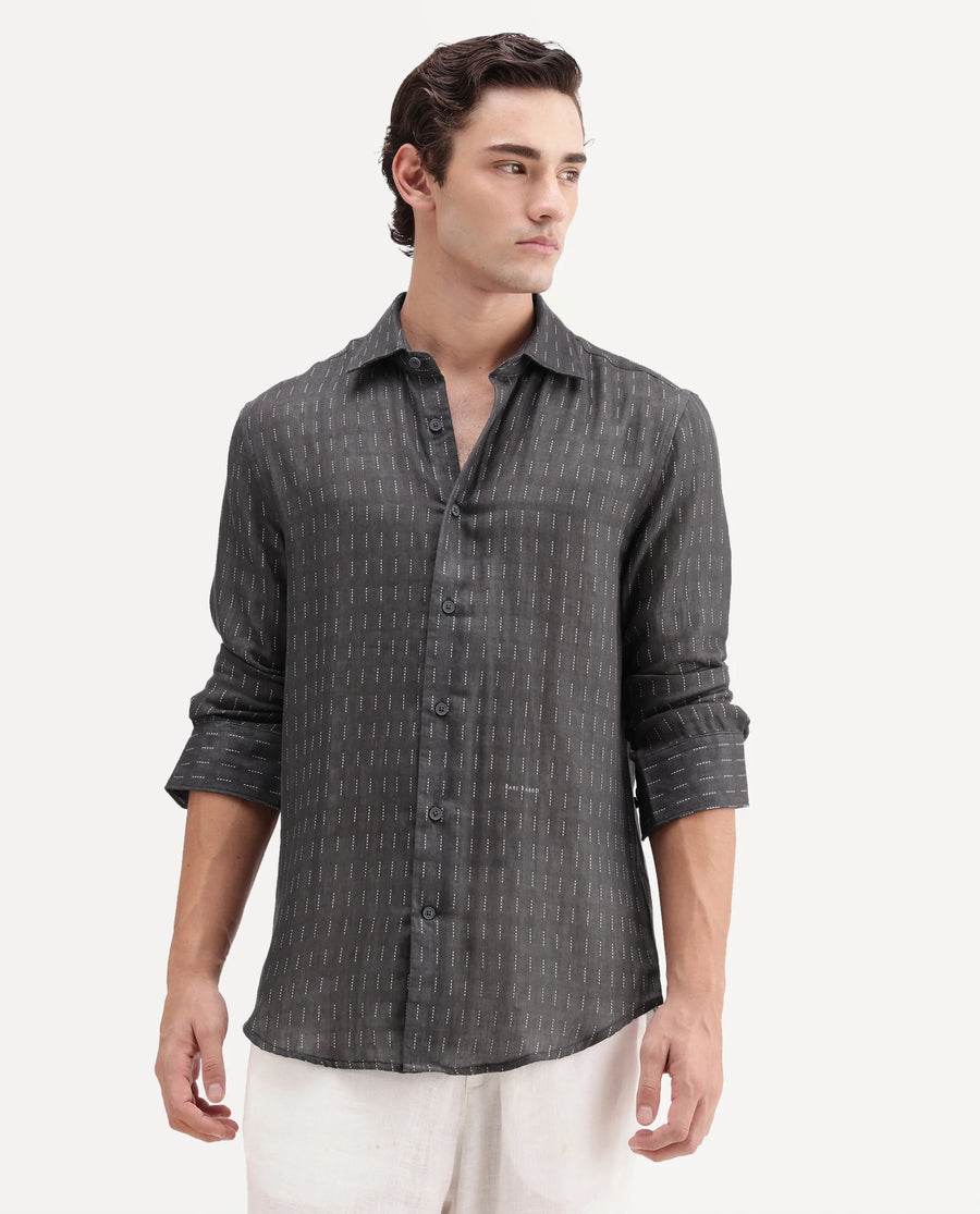 Rare Rabbit Men's Beno Dark Grey Cotton Regular Long Sleeve Striped Shirt