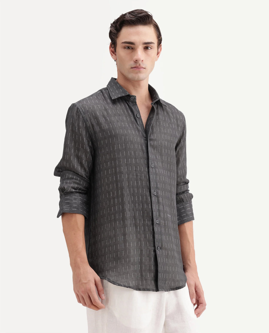 Rare Rabbit Men's Beno Dark Grey Cotton Regular Long Sleeve Striped Shirt