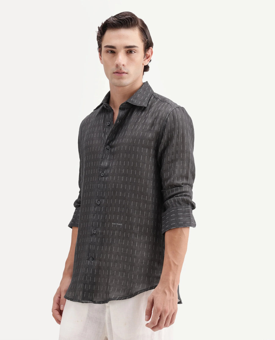 Rare Rabbit Men's Beno Dark Grey Cotton Regular Long Sleeve Striped Shirt
