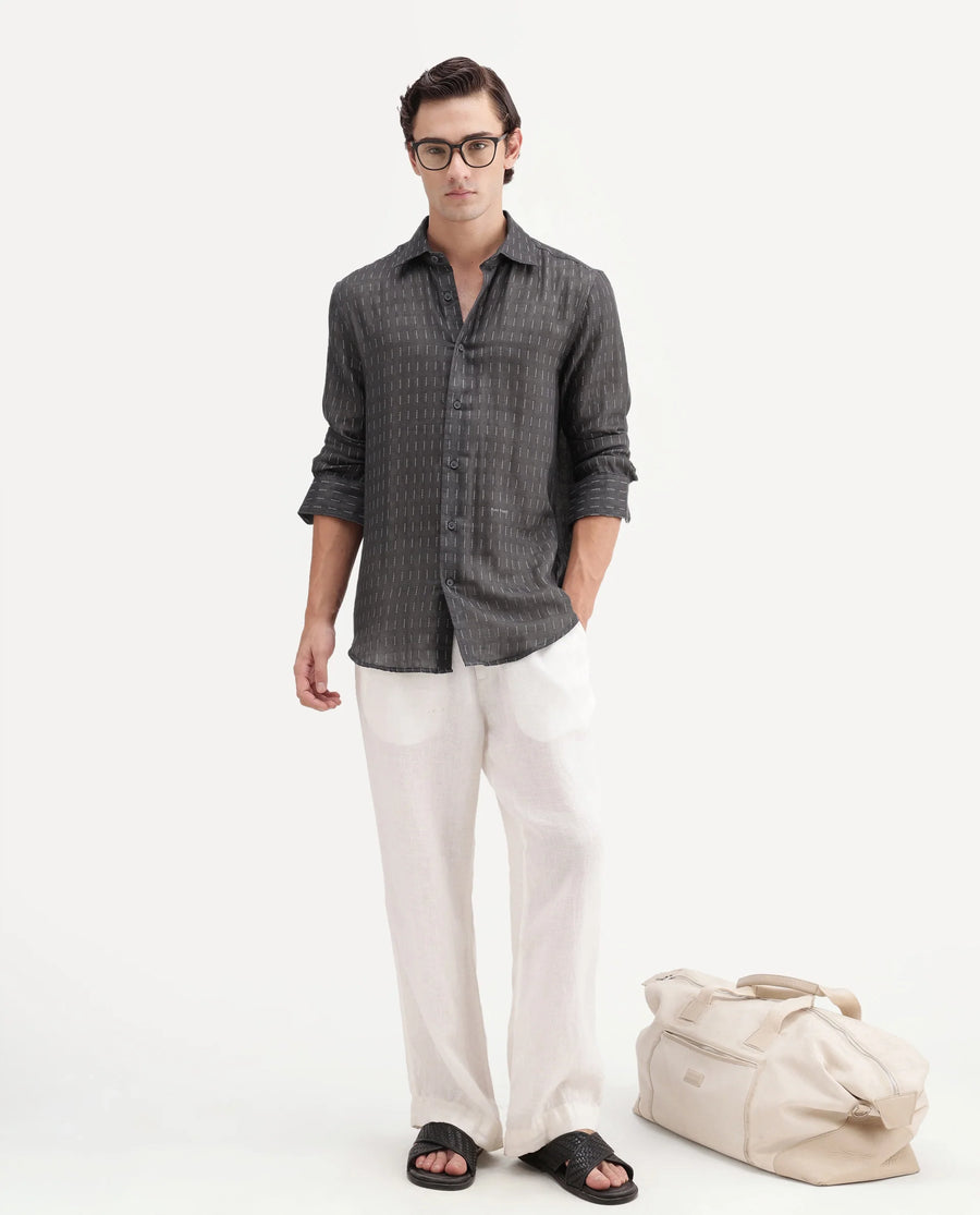 Rare Rabbit Men's Beno Dark Grey Cotton Regular Long Sleeve Striped Shirt