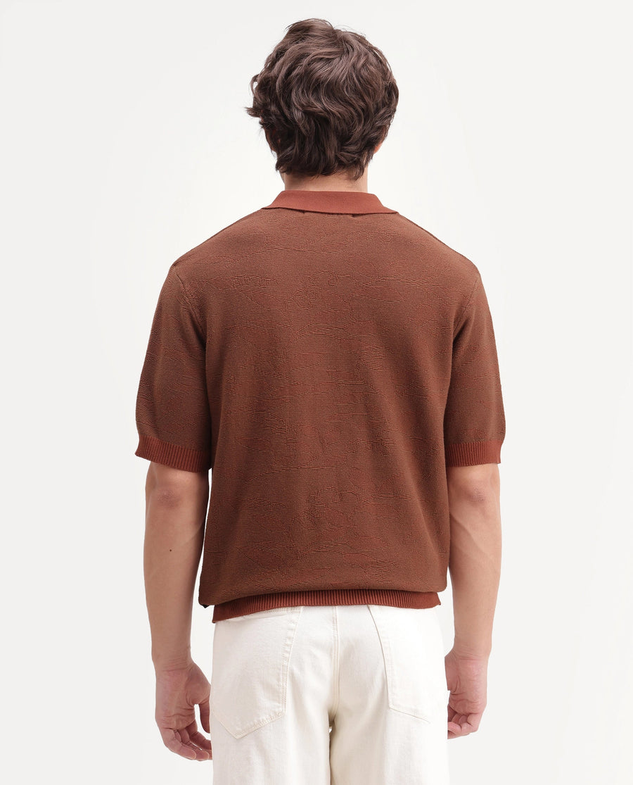 Rare Rabbit Men's Gera Rust Cotton Spread Collar Button Regular Fit Jacquard Print Polo