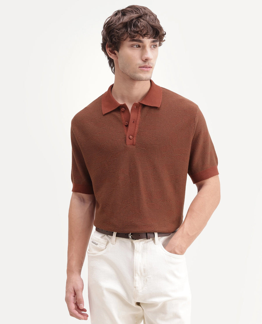 Rare Rabbit Men's Gera Rust Cotton Spread Collar Button Regular Fit Jacquard Print Polo