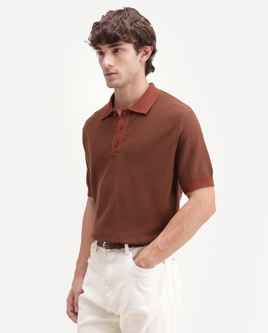 Rare Rabbit Men's Gera Rust Cotton Spread Collar Button Regular Fit Jacquard Print Polo