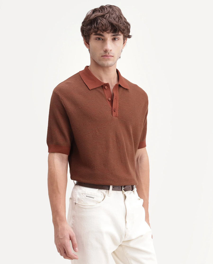Rare Rabbit Men's Gera Rust Cotton Spread Collar Button Regular Fit Jacquard Print Polo