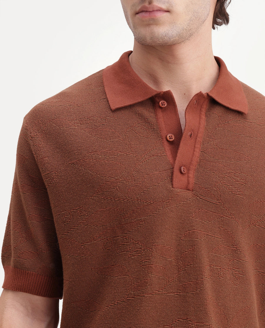 Rare Rabbit Men's Gera Rust Cotton Spread Collar Button Regular Fit Jacquard Print Polo