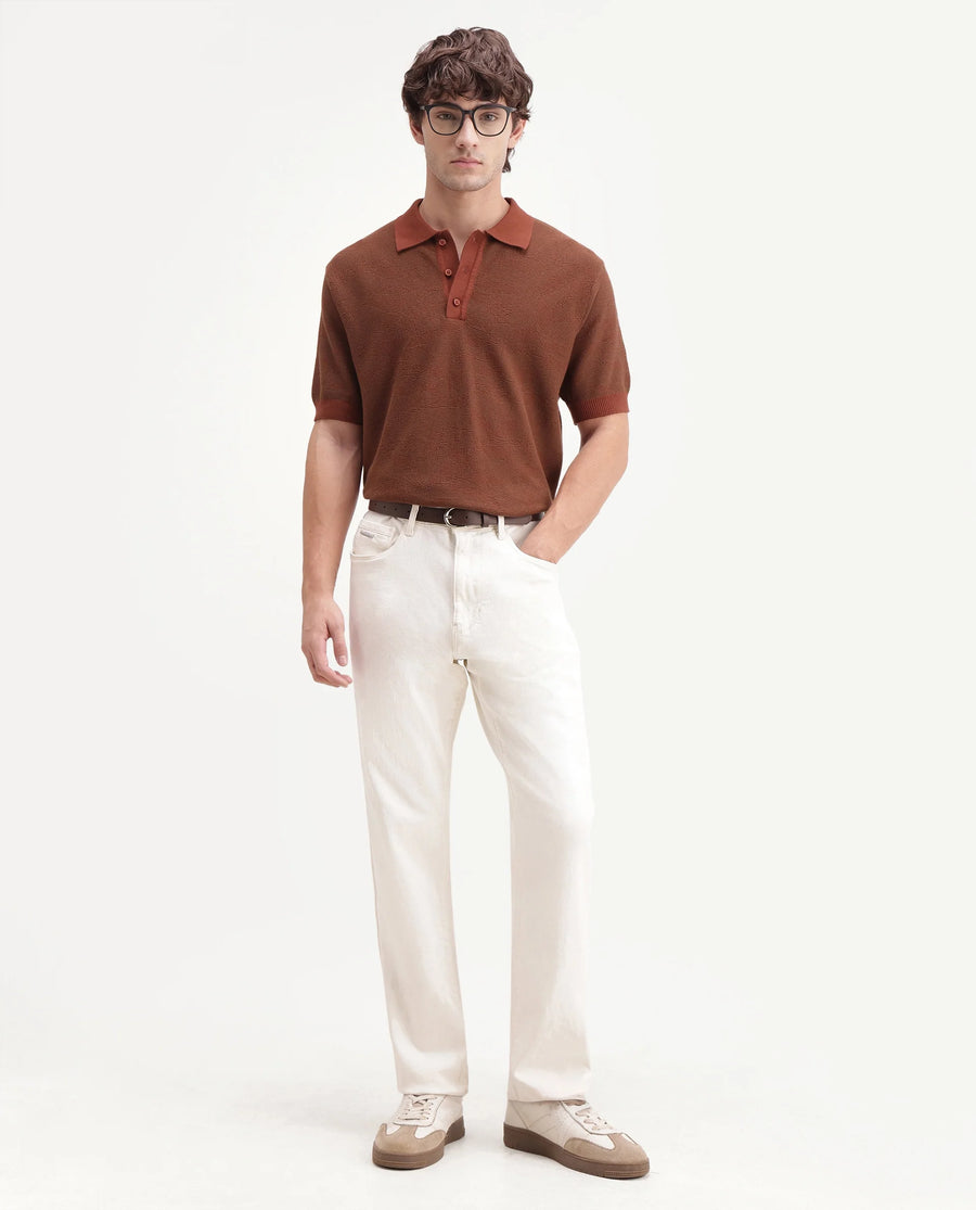 Rare Rabbit Men's Gera Rust Cotton Spread Collar Button Regular Fit Jacquard Print Polo