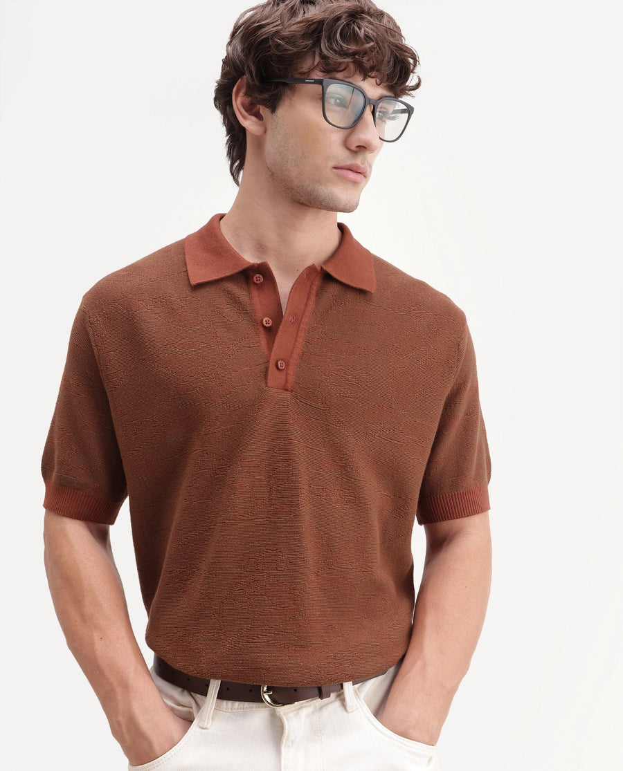 Rare Rabbit Men's Gera Rust Cotton Spread Collar Button Regular Fit Jacquard Print Polo