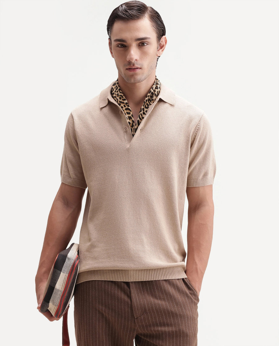 Rare Rabbit Men's Linok Light Beige Linen Blend Spread Collar Button Regular Plain Polo