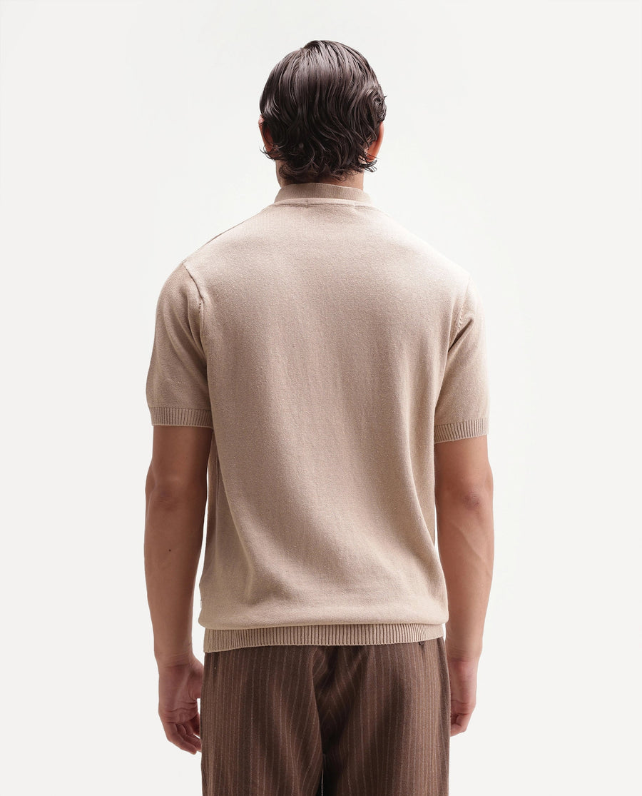Rare Rabbit Men's Linok Light Beige Linen Blend Spread Collar Button Regular Plain Polo