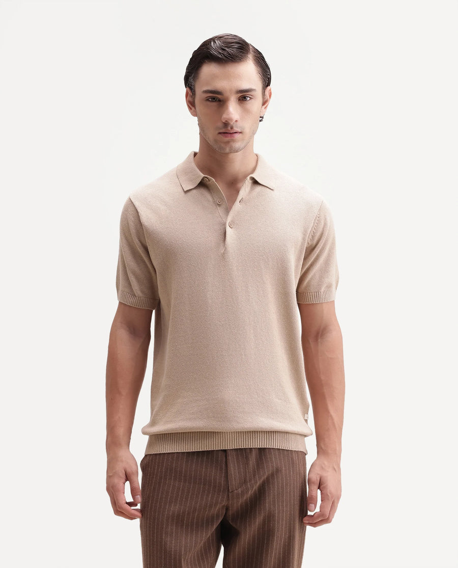 Rare Rabbit Men's Linok Light Beige Linen Blend Spread Collar Button Regular Plain Polo