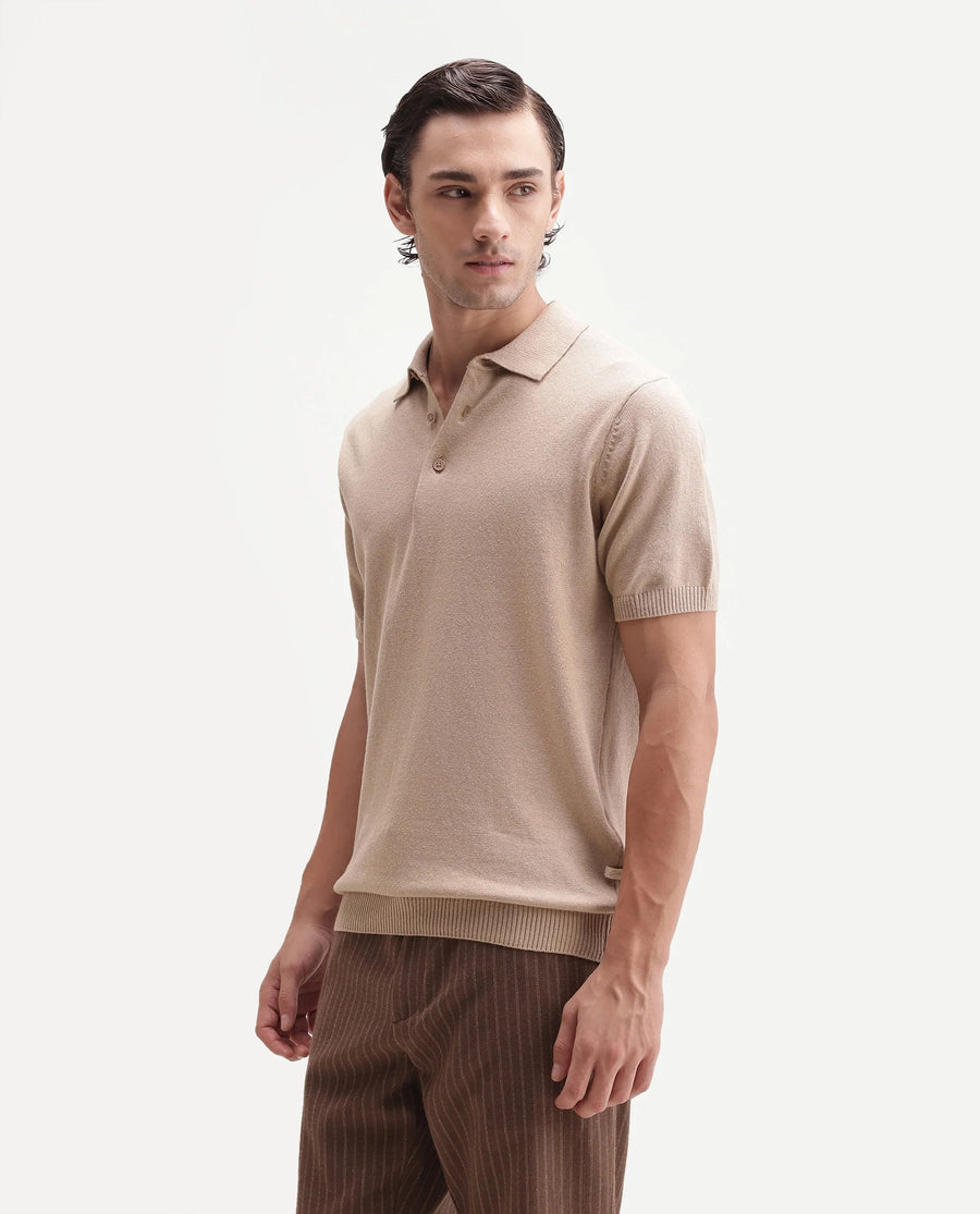 Rare Rabbit Men's Linok Light Beige Linen Blend Spread Collar Button Regular Plain Polo
