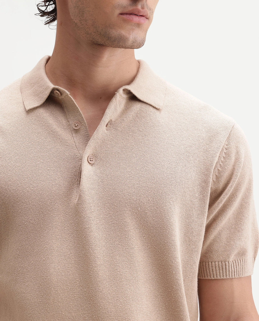 Rare Rabbit Men's Linok Light Beige Linen Blend Spread Collar Button Regular Plain Polo