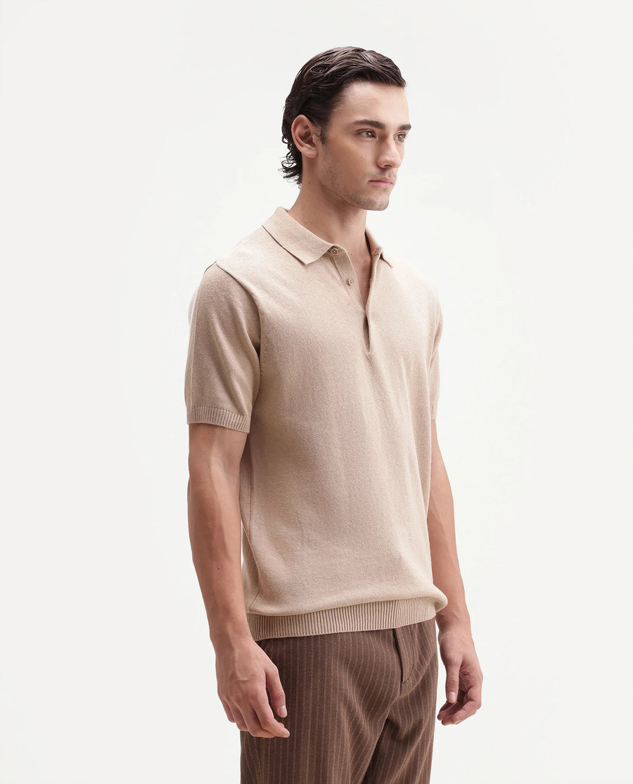 Rare Rabbit Men's Linok Light Beige Linen Blend Spread Collar Button Regular Plain Polo