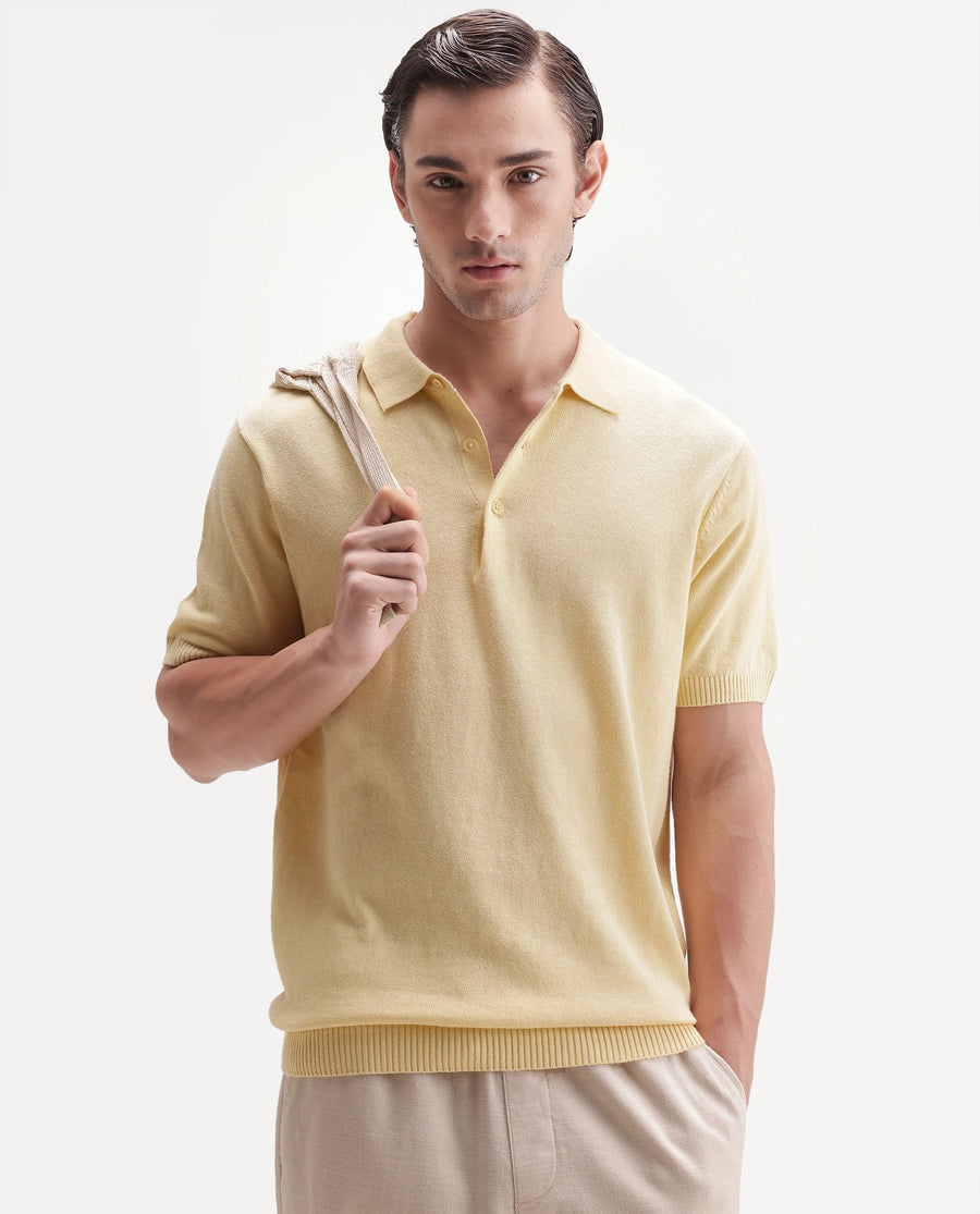 Rare Rabbit Men's Linok Light Yellow Linen Blend Spread Collar Button Regular Plain Polo