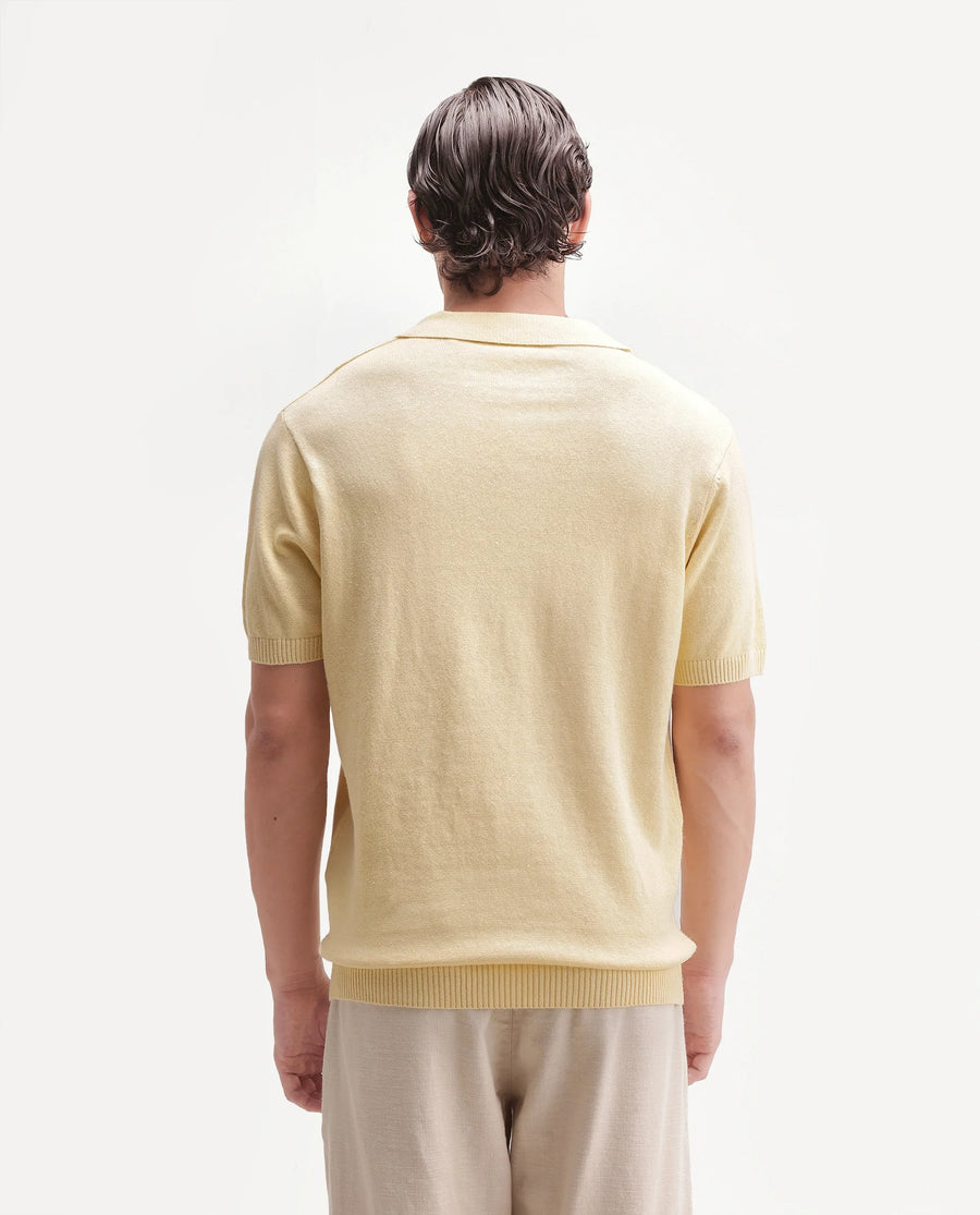 Rare Rabbit Men's Linok Light Yellow Linen Blend Spread Collar Button Regular Plain Polo
