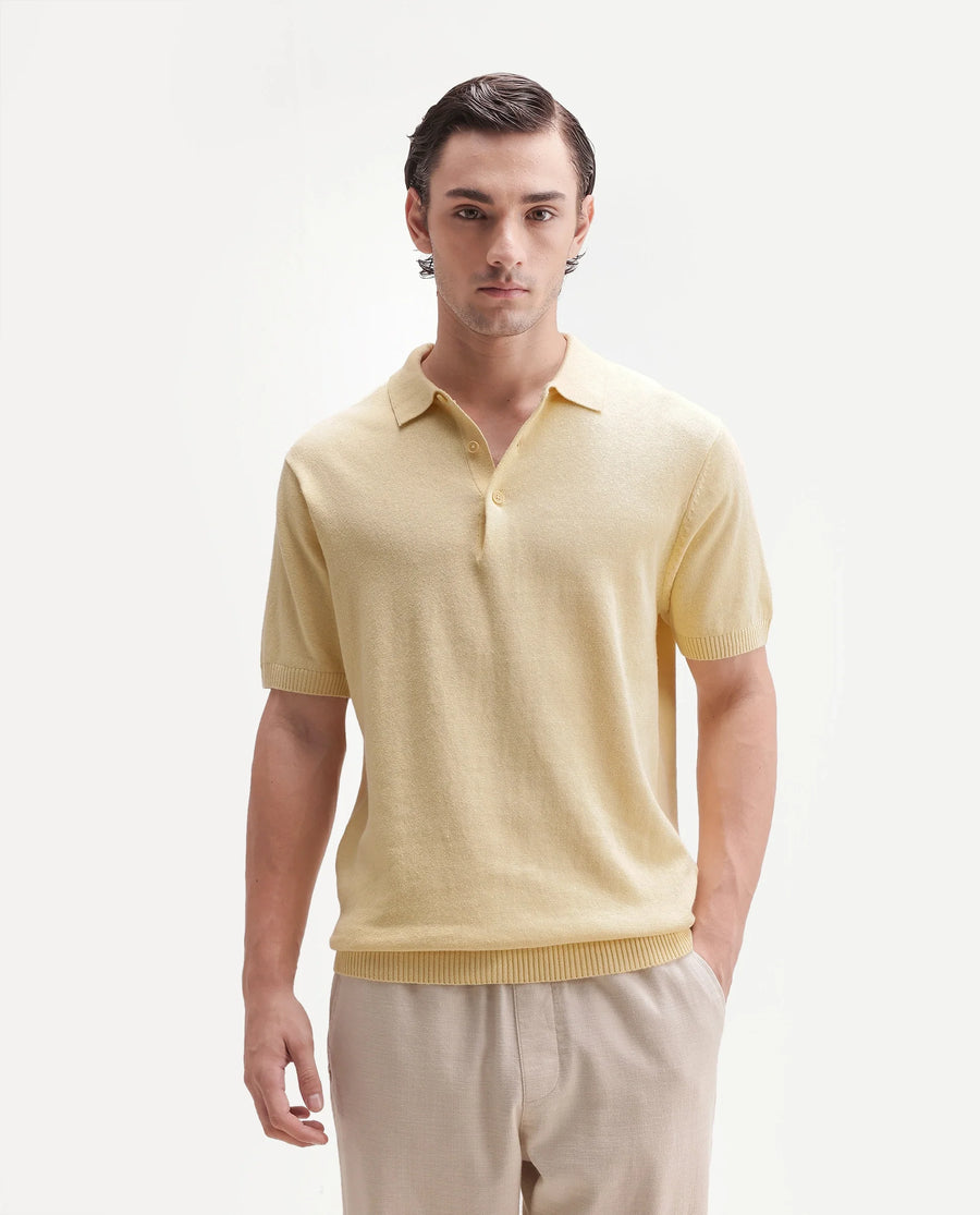 Rare Rabbit Men's Linok Light Yellow Linen Blend Spread Collar Button Regular Plain Polo