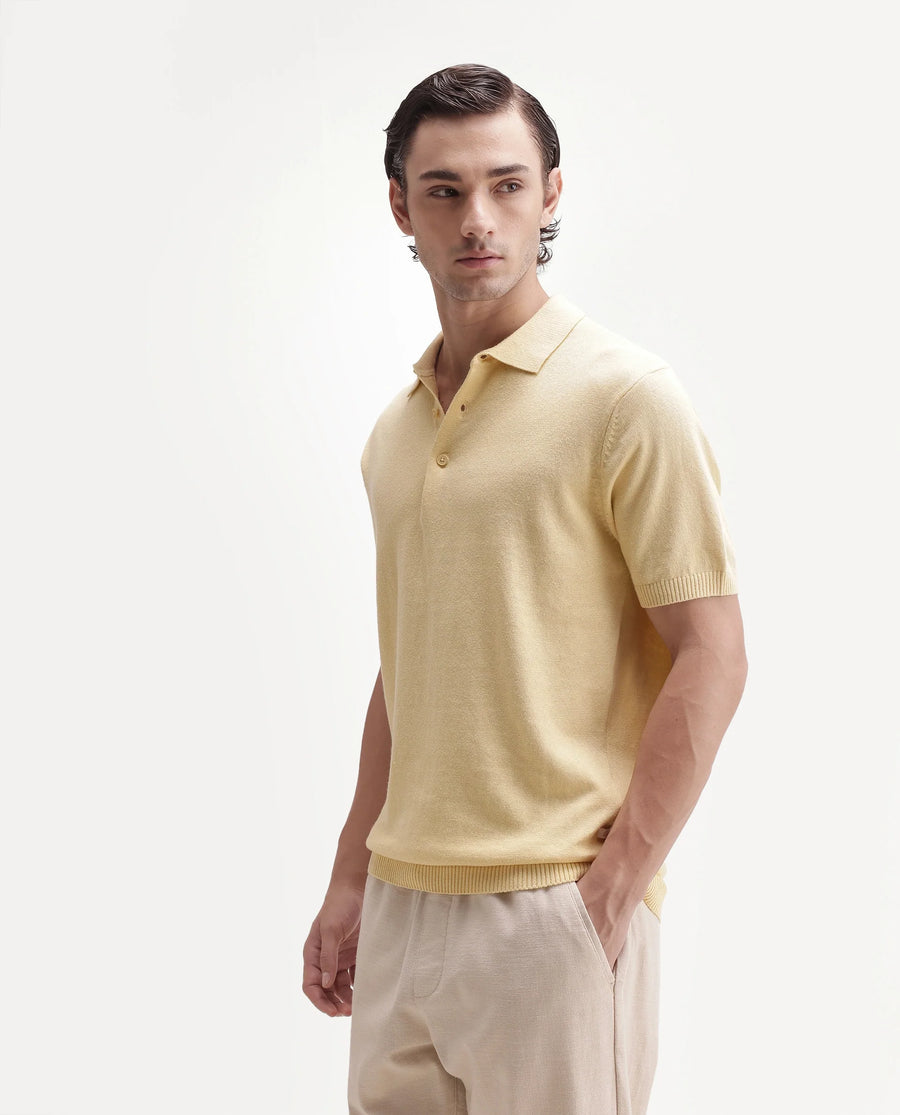 Rare Rabbit Men's Linok Light Yellow Linen Blend Spread Collar Button Regular Plain Polo
