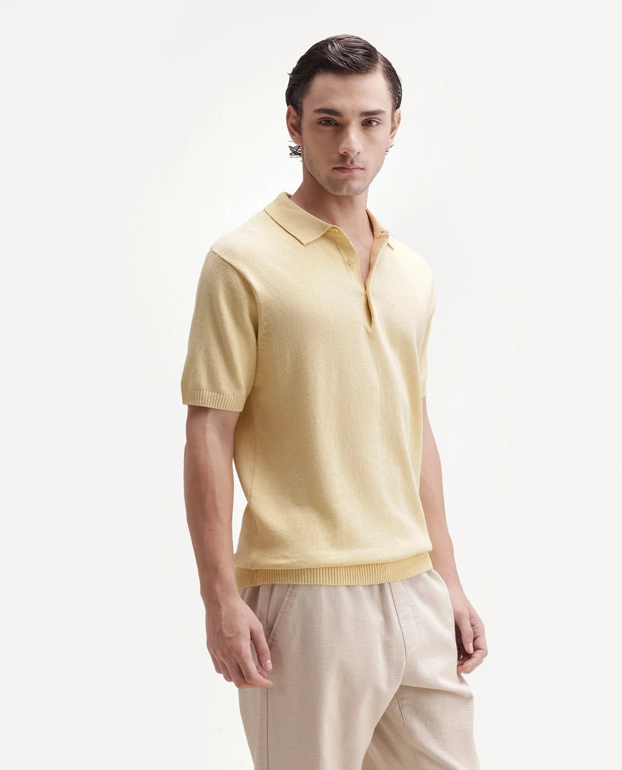Rare Rabbit Men's Linok Light Yellow Linen Blend Spread Collar Button Regular Plain Polo