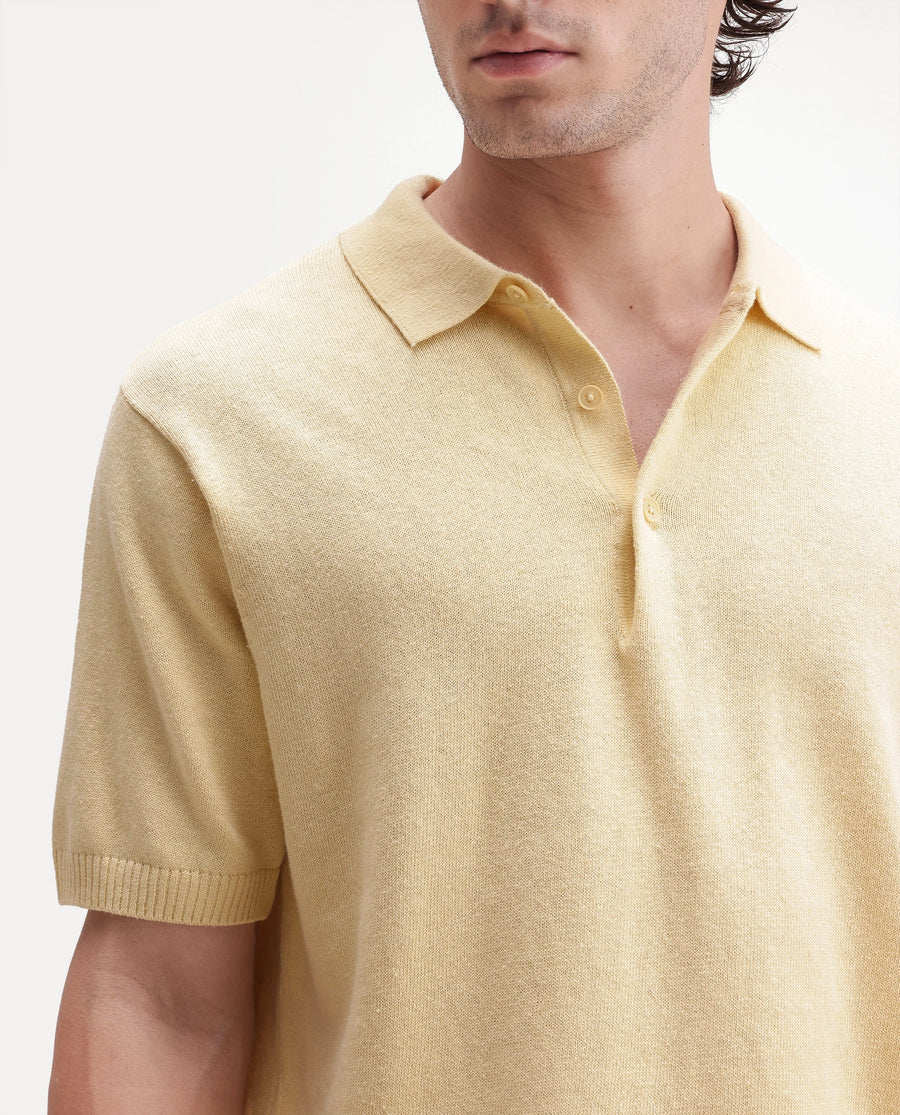 Rare Rabbit Men's Linok Light Yellow Linen Blend Spread Collar Button Regular Plain Polo
