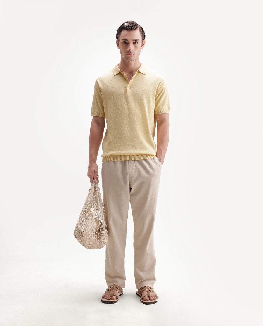Rare Rabbit Men's Linok Light Yellow Linen Blend Spread Collar Button Regular Plain Polo