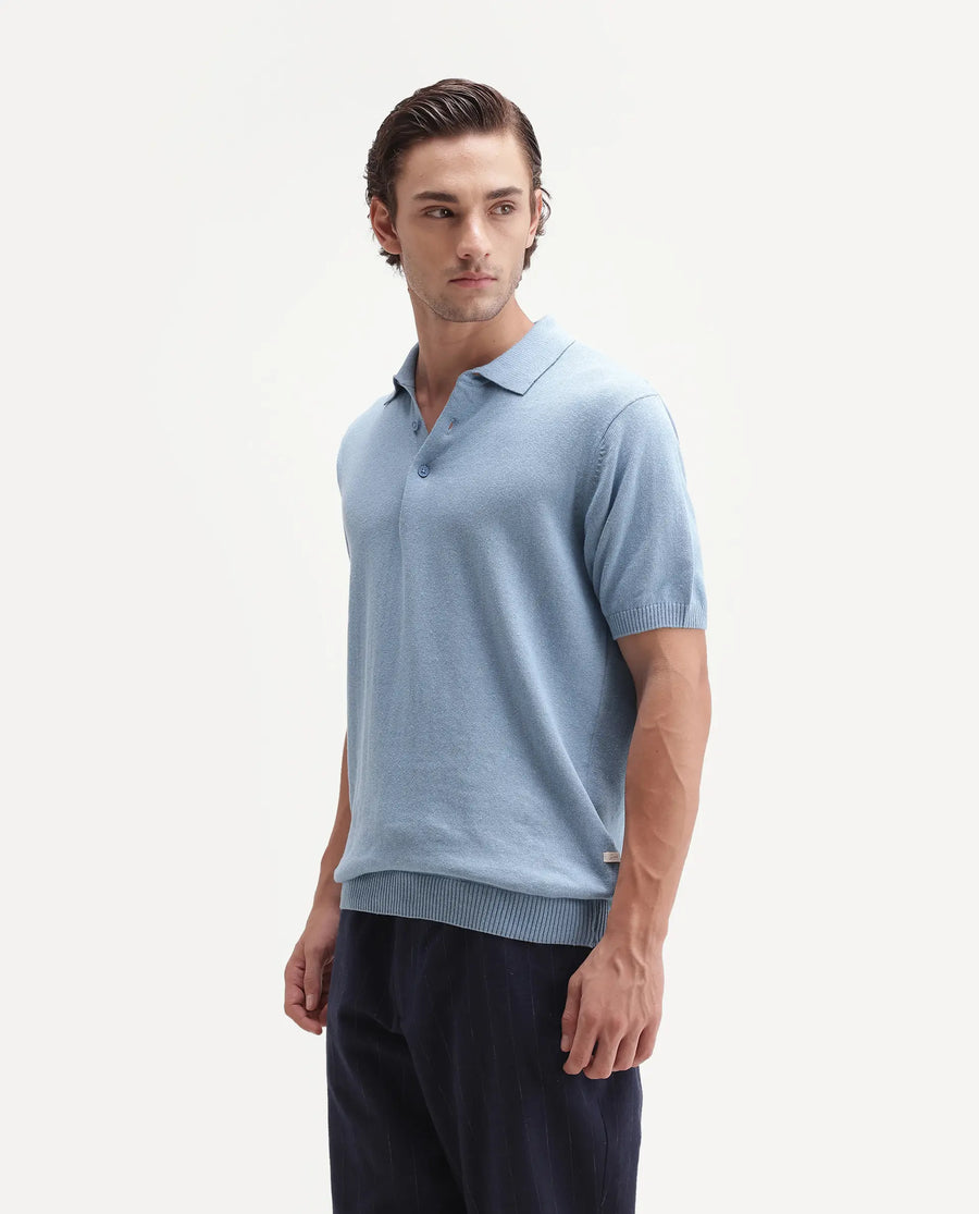 Rare Rabbit Men's Linok Light Blue Linen Blend Spread Collar Button Regular Plain Polo
