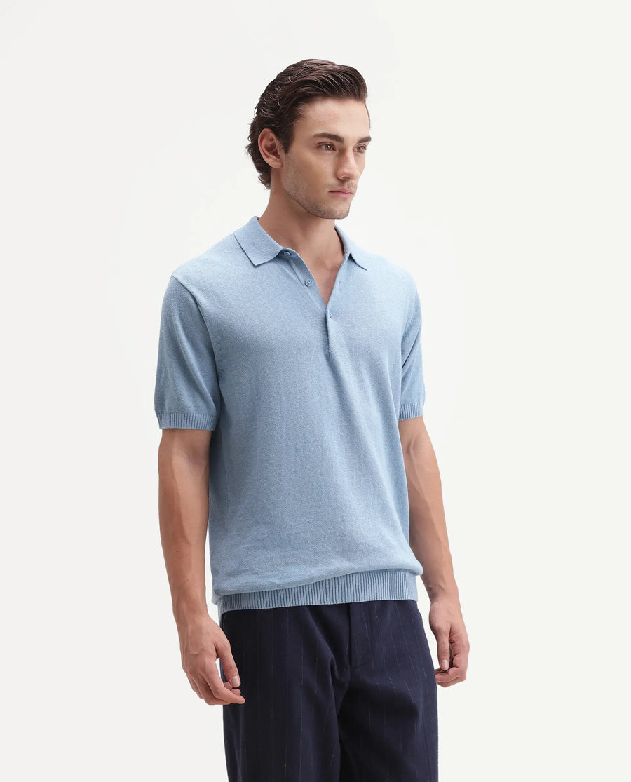 Rare Rabbit Men's Linok Light Blue Linen Blend Spread Collar Button Regular Plain Polo