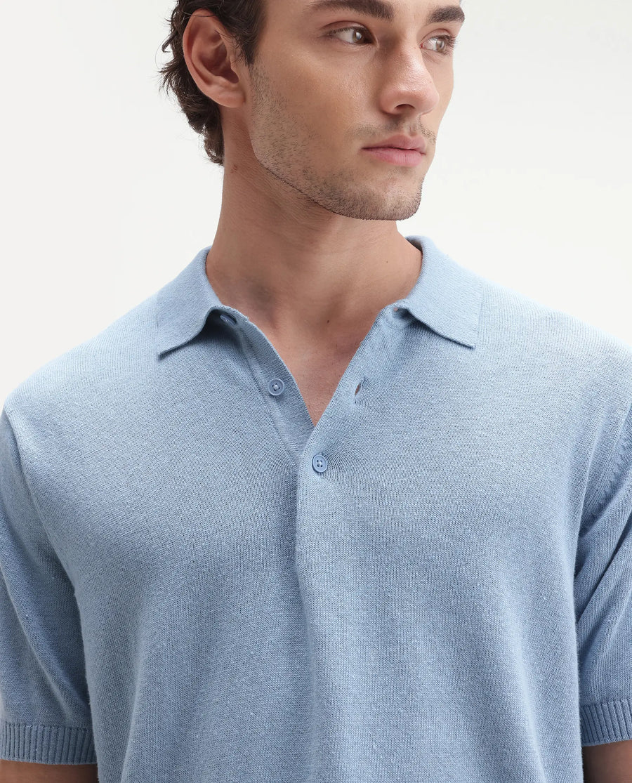 Rare Rabbit Men's Linok Light Blue Linen Blend Spread Collar Button Regular Plain Polo