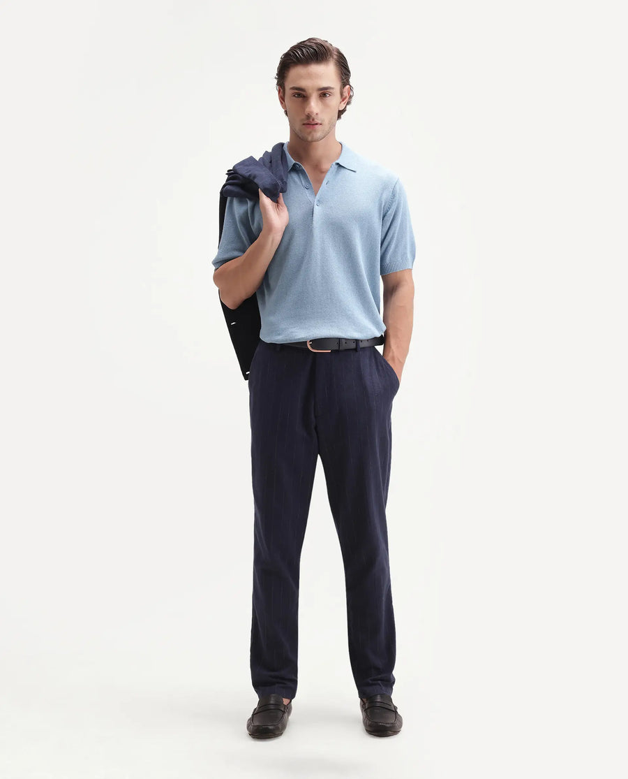 Rare Rabbit Men's Linok Light Blue Linen Blend Spread Collar Button Regular Plain Polo